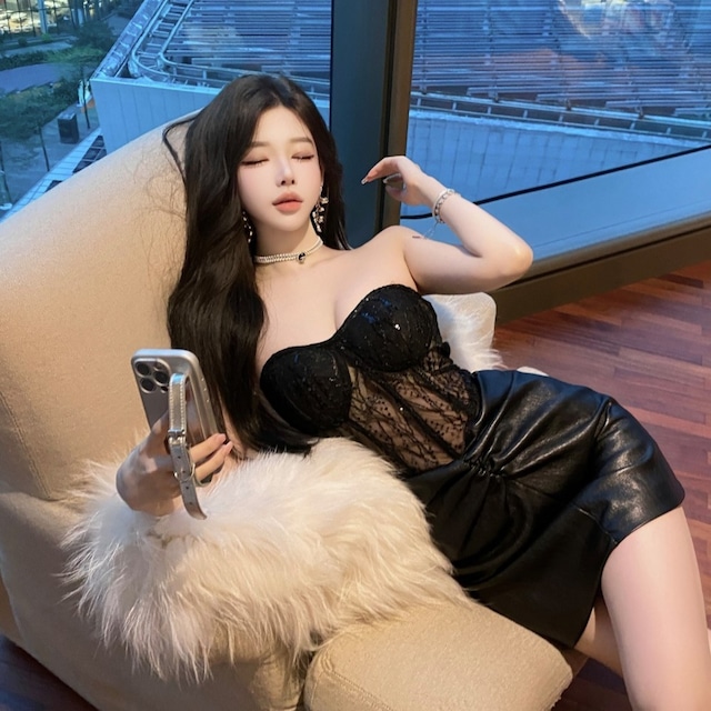 ミニドレス キャバドレス セクシー レース ストラップレス コルセット風デザイン ウエストマーク 細見え シースルー フェイクレザー JC2-DD6244