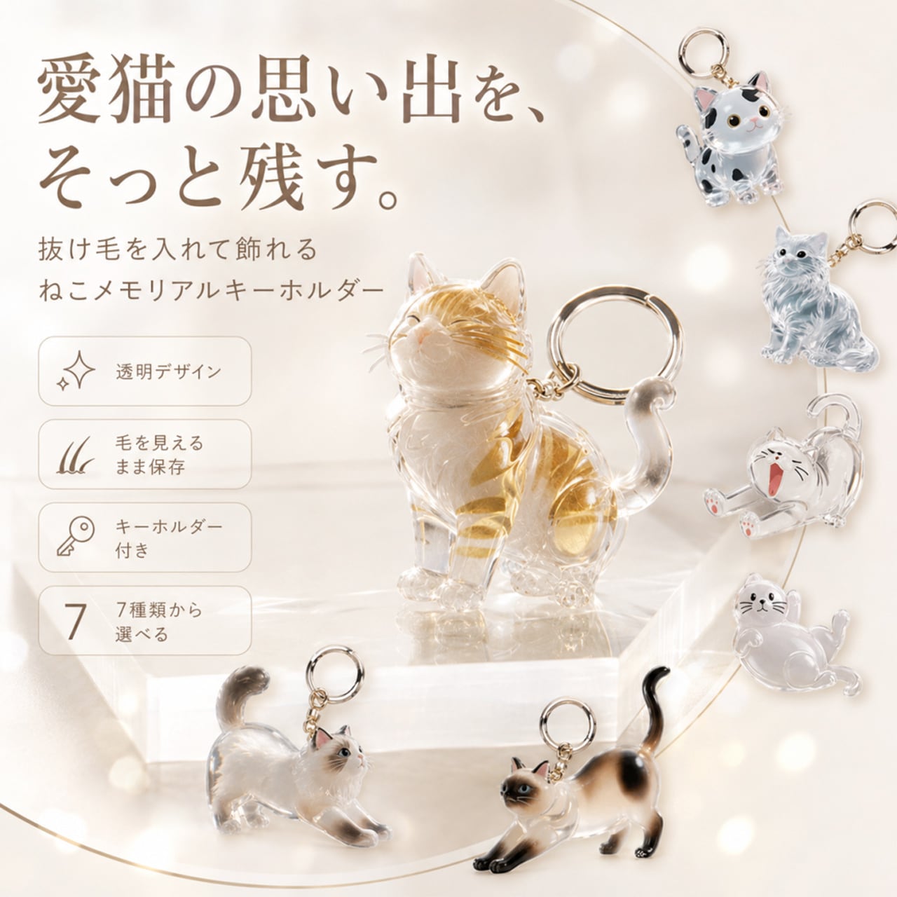 JL68 .透明ねこ毛収集キーホルダー｜ねこ毛メモリアルチャーム
