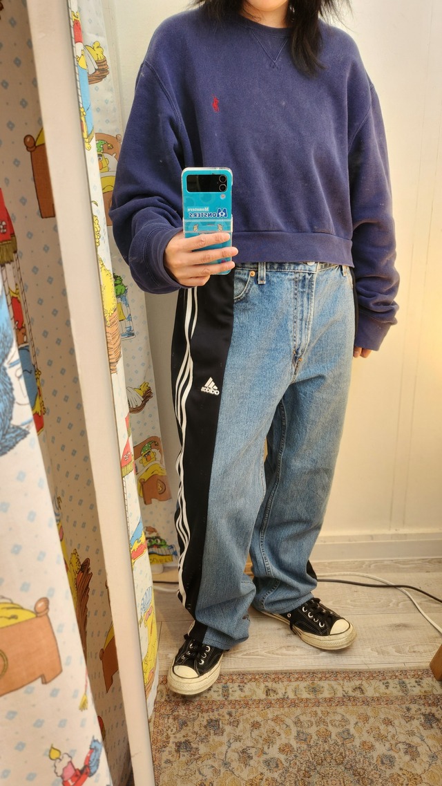 レディースパンツ adidas リメイク パンツ リメイクデニムダブルホワイトラインadidasワイドパンツ Bbヴィンテージ フリーサイズ ブラック