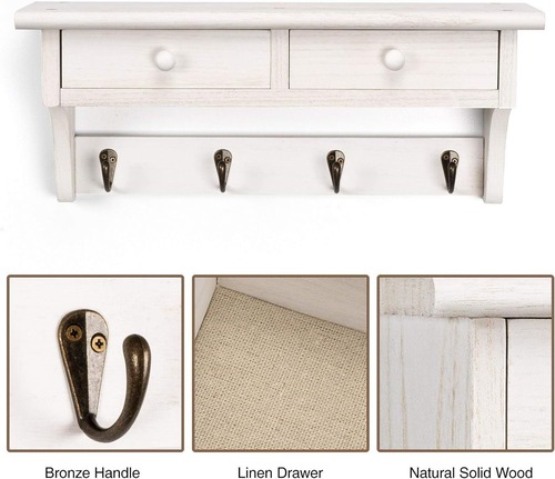 壁掛けコートフック 素朴な木製コートラック 壁掛け棚 フック付き 棚付き ヴィンテージコートフック 玄関 寝室 リビングルーム キッチン用（ホワイト）