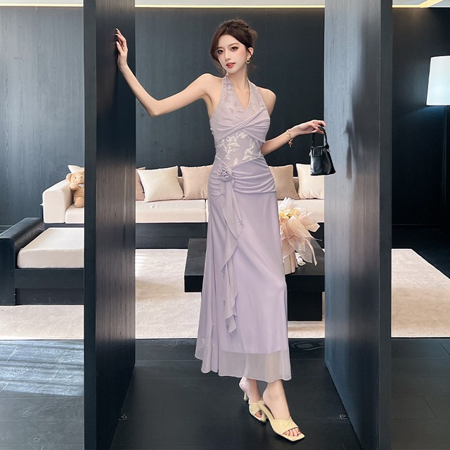 【2色】ロングドレス キャバドレス セクシー ホルターネック Vネック フラワーモチーフ ノースリーブ JC2-ZED885045DXH443