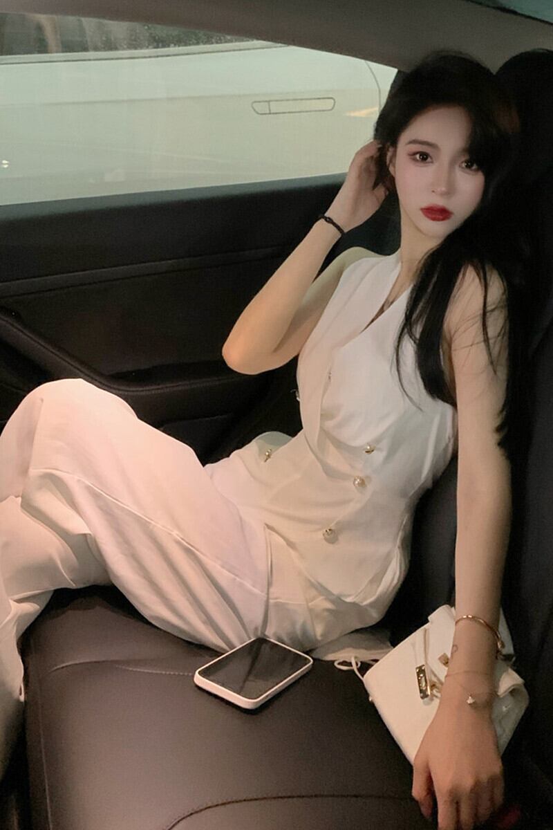 薄手ジャンプスーツ オールインワン サマーハイウェストウェストルーズブラックパンツ ノースリーブ レッド 夏物 ガールズファッション58644503139