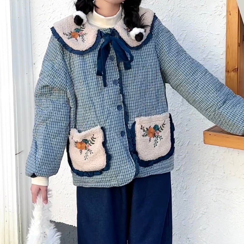 ピーターパンカラーポケット刺繍チェック柄コットンジャケット W1631