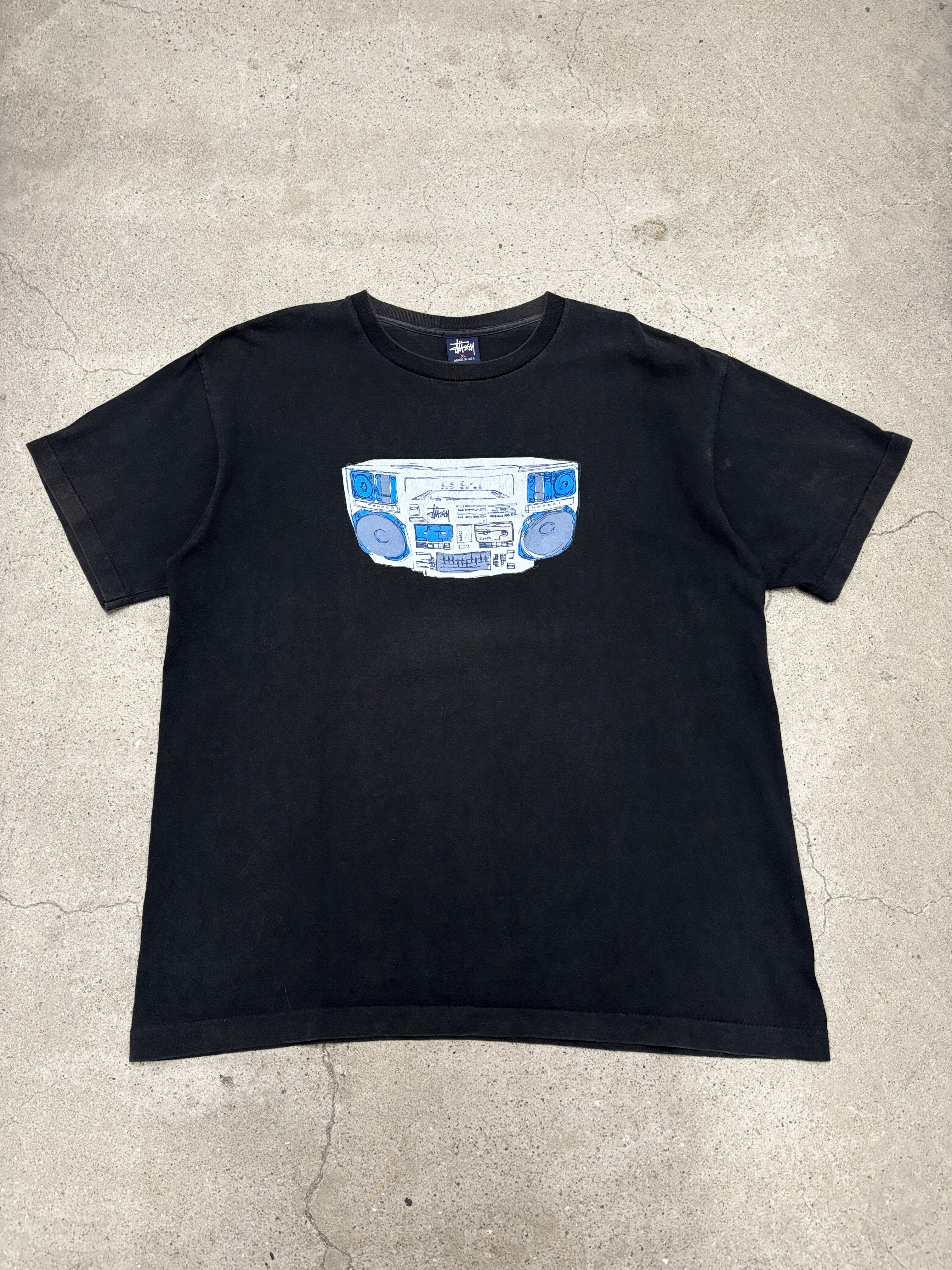 90～00s OLD STUSSY/Boom box print Tee/USA製/紺タグ/XL/ラジカセ