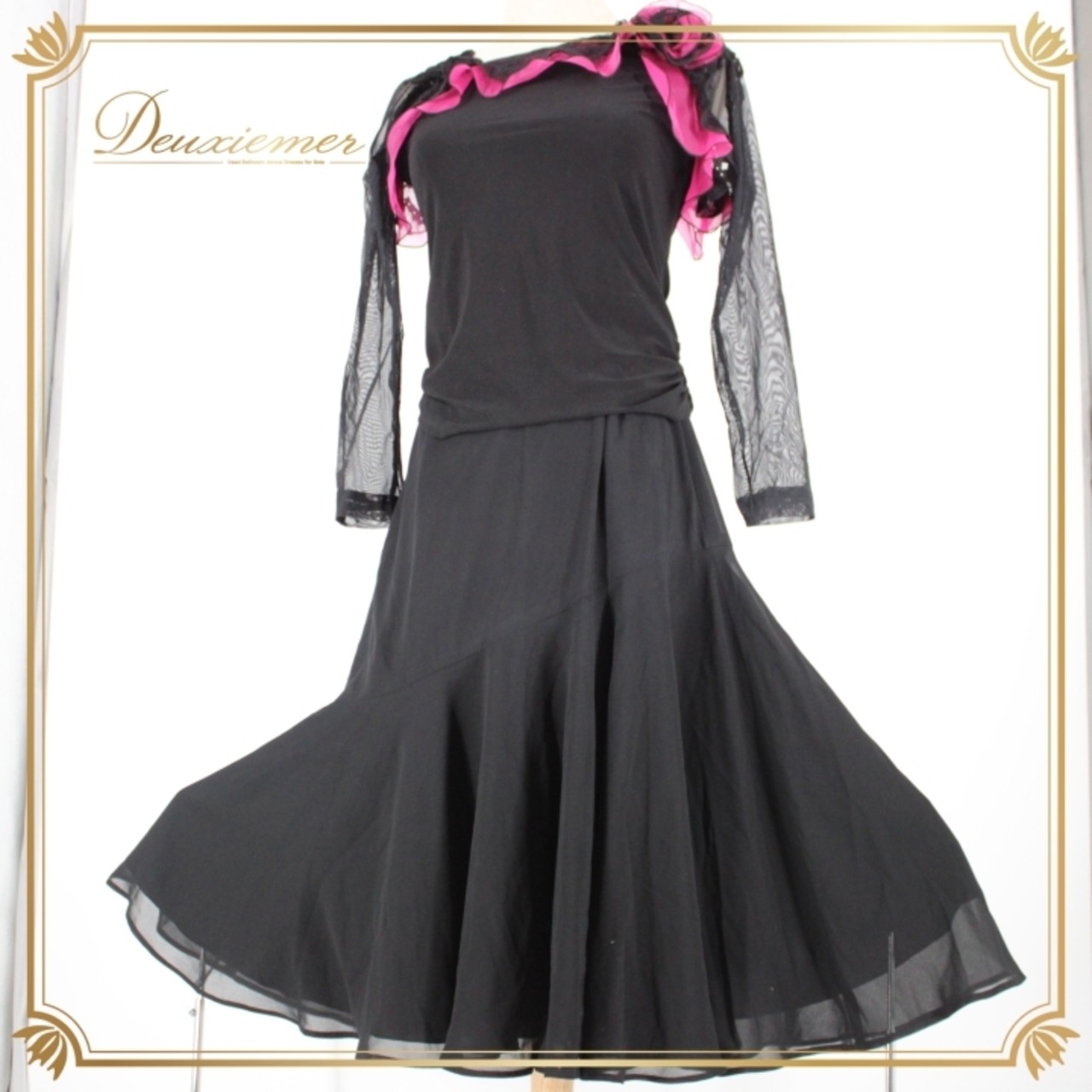 社交ダンス 衣装 スタンダード 上下セット ツーピース レッスンウェア パーティ衣装 SEKINE セキネ ブラック系 ピンク系 黒 レース フリル 社交ダンス衣装 レディース Mサイズ 9号 ポリエステル製 おしゃれ フェスティバル イベント ダンスパーティー スカート付き ペアダンス 伸縮性有り 結婚式 体型カバー ファッション コーディネート 向き ショールカラー 肩フリル ルンバ チャチャチャ セットアップ