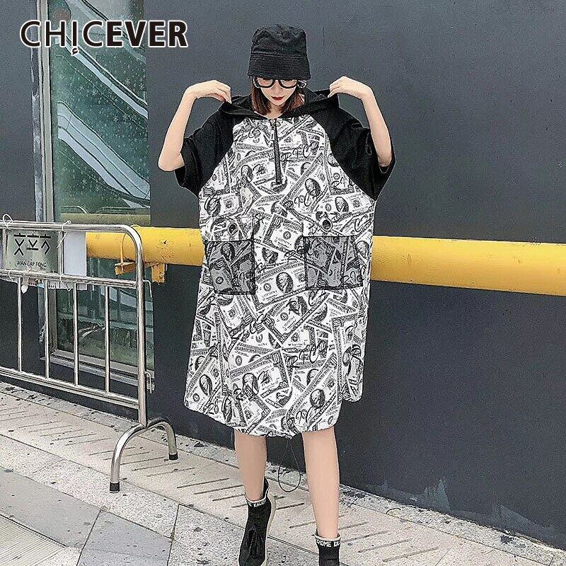 CHICEVERパッチワークプリントヒットカラードレスレディースフード付き半袖ポケットオーバーサイズルーズミディドレス2020夏 ショート ハーフスリーブ サマー 夏物 6base533052846494