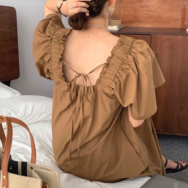 送料無料 リゾート風コーデに ロング ワンピース マキシ丈 クスエアネック フリル ギャザー Aライン バックリボン フェミニン ガーリー Lamitte Deco トレンド 韓国ファッション ショップ Base店