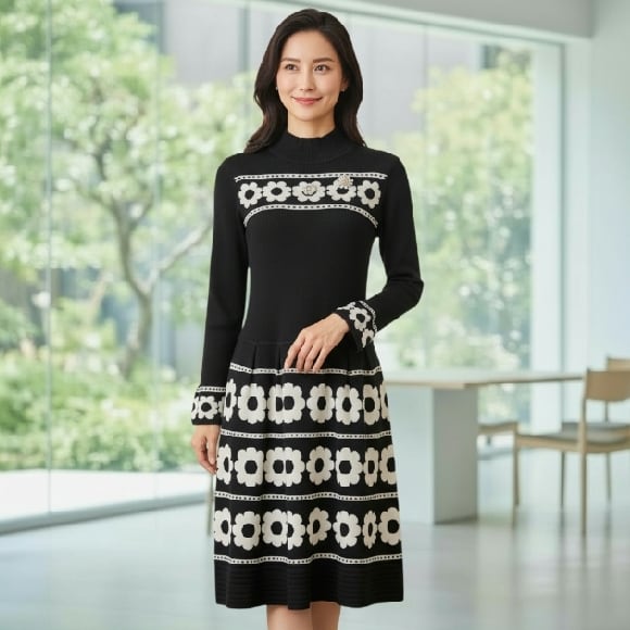 スーパービューティー ワンピース 花柄ジャガード ハイネックニットワンピ フラワーモチーフ 切替デザイン2521050 ブラック 2025年秋冬 オーラボー Super Beauty 上品ミセス 30代 40代 50代 60代