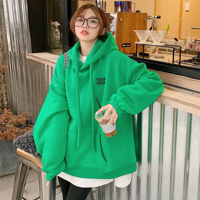 グリーンフードスウェット オータムウィンターベルベットルーズスタイルトップス 秋物 冬物 試着室39578519649