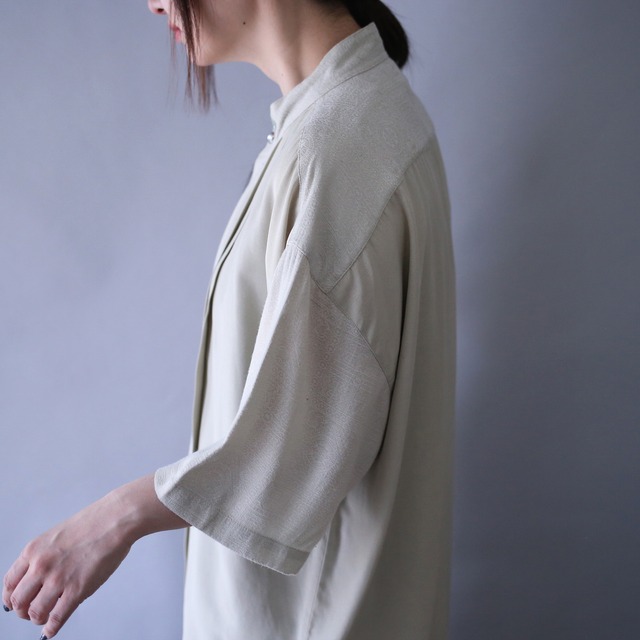 "刺繍" and crystal button switching fabric pleats design fry-front minimal over silhouette h/s shirt