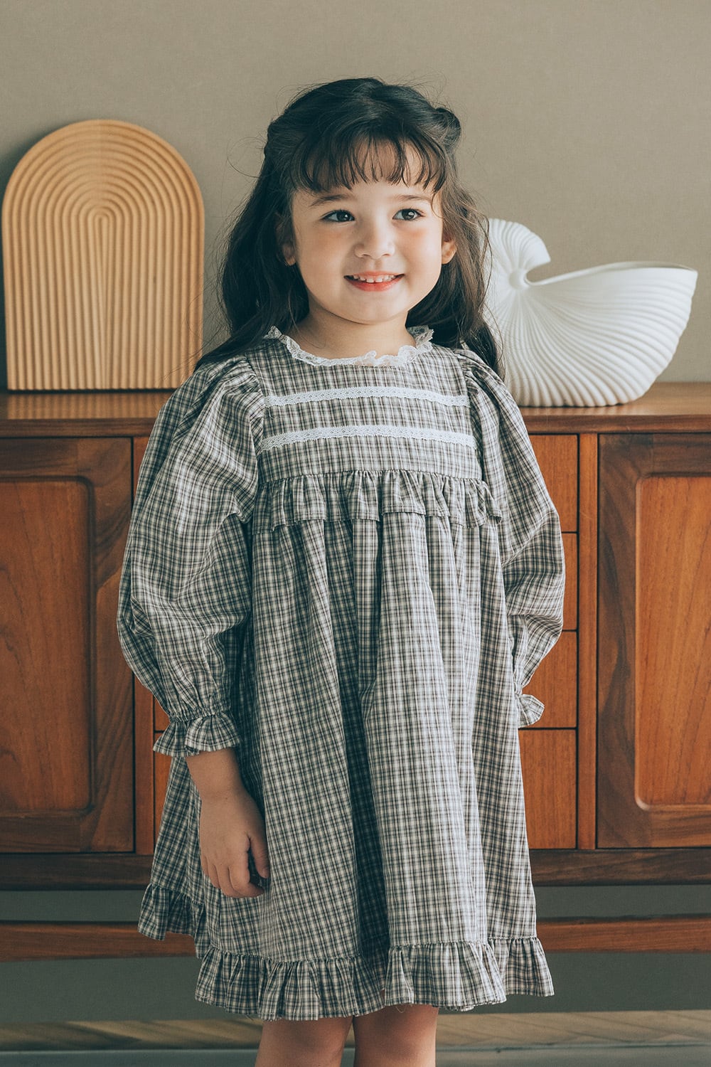 レーススタンドネックワンピース<Gray check> | Coquette