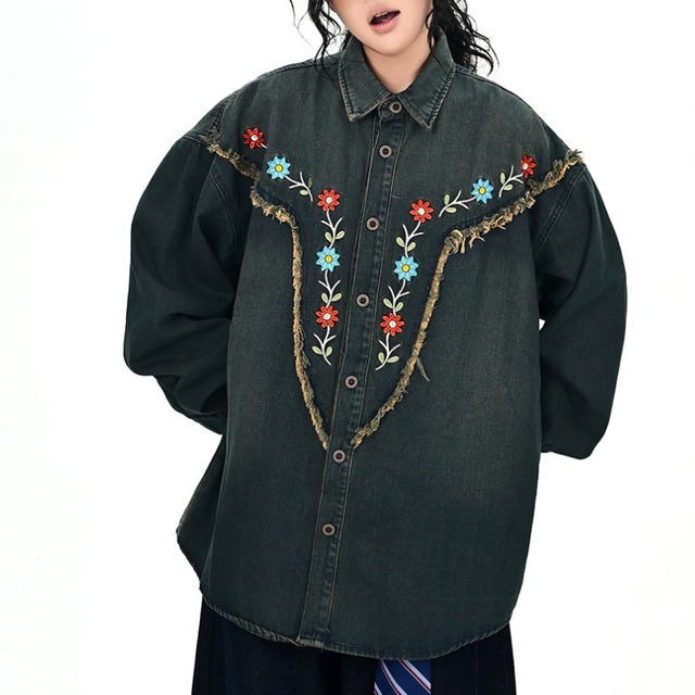 fringe flower denim shirt　フリンジフラワーデニムシャツ　J1684