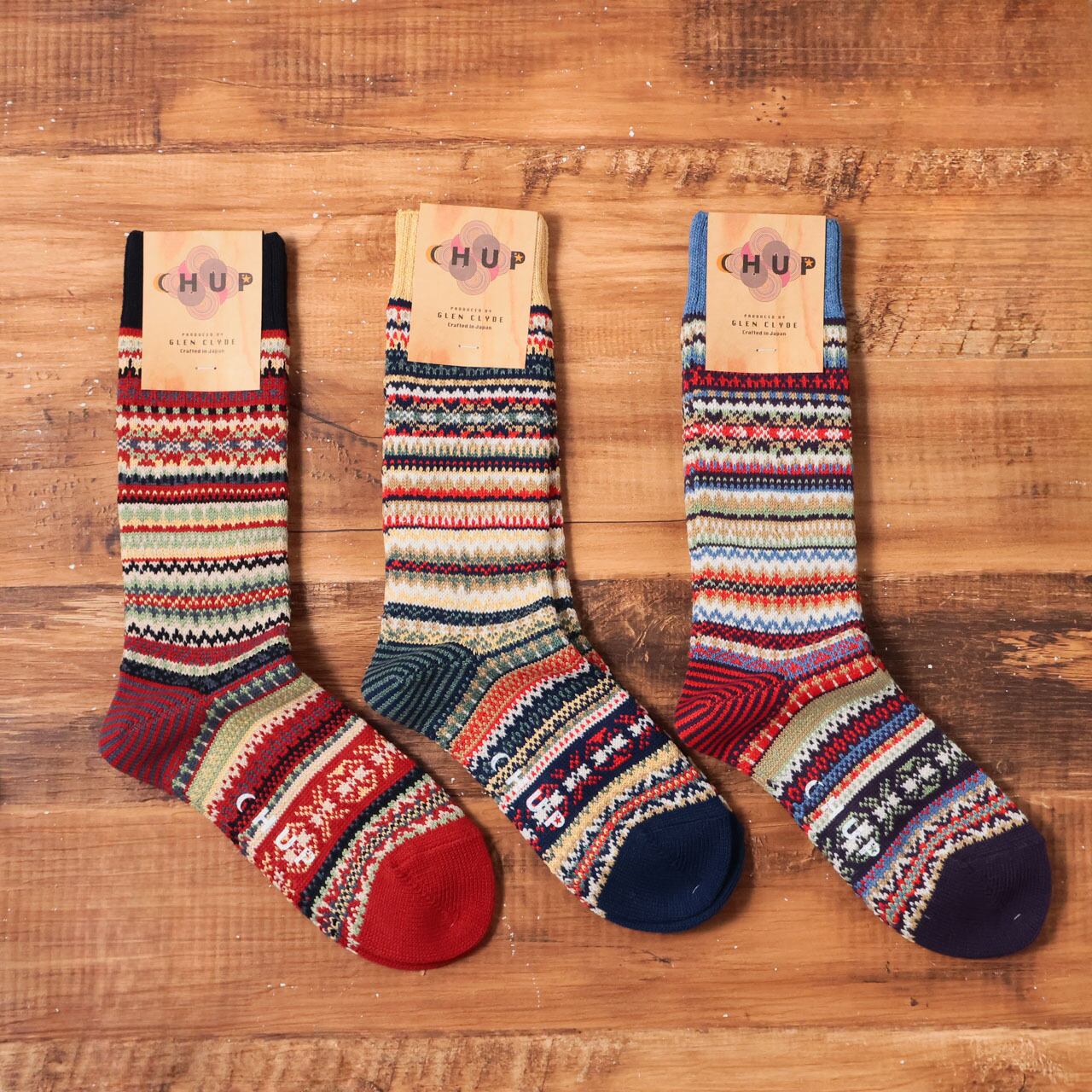 ハイソックス レディース メンズ 柄 おしゃれ 秋 冬 暖かい 靴下 ブランド 綿中厚 かわいい 可愛い 日本製 プレゼント S 23-25 M 25-27.5 GLEN CLYDE グレンクライド CHUP チュプ WEIZENFELD Ll127