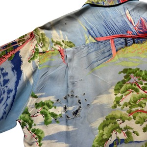 vintage 1950’s “MUSASHIYA” rayon hawaiian shirt “渡月橋”