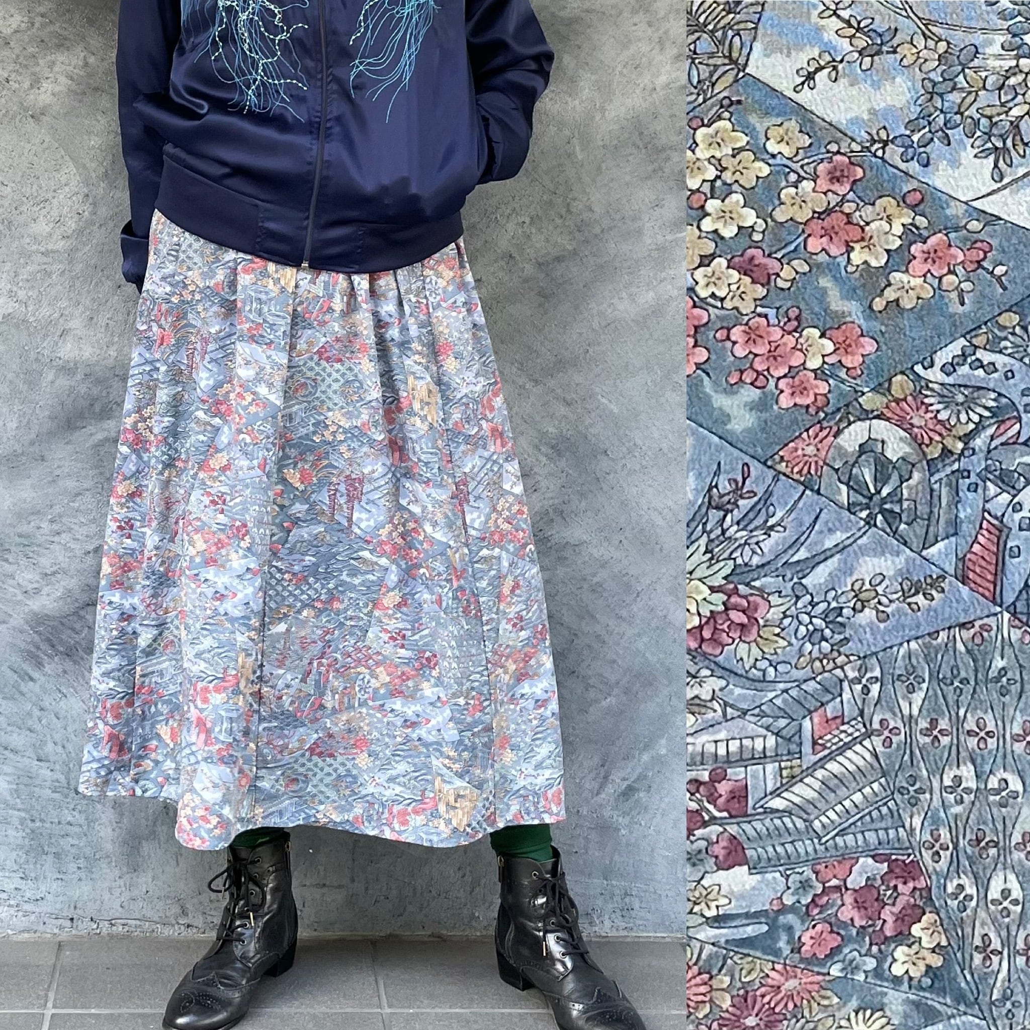 着物リメイクギャザーロングスカート - kimono elastic waist skirt