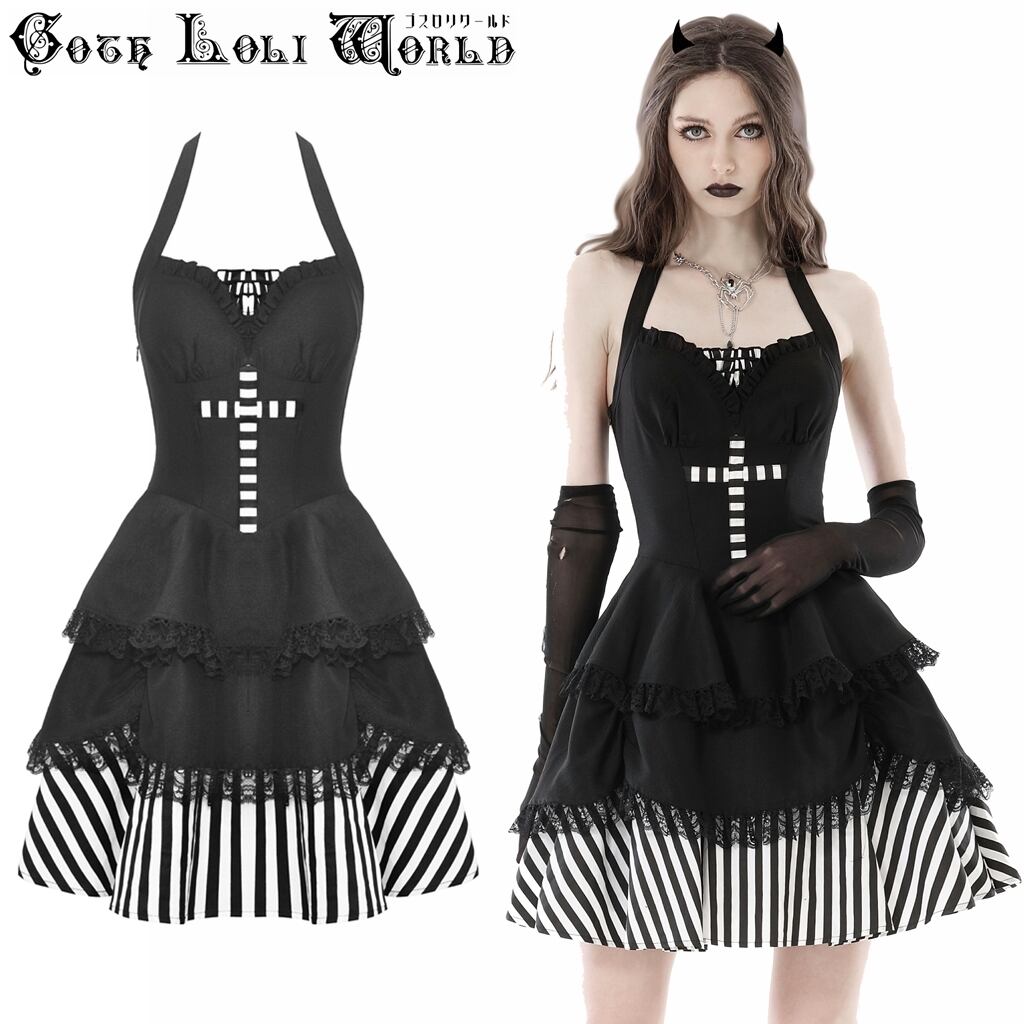 SALE【即納/送料無料】DW777 しましまクロス膝上丈ティアード