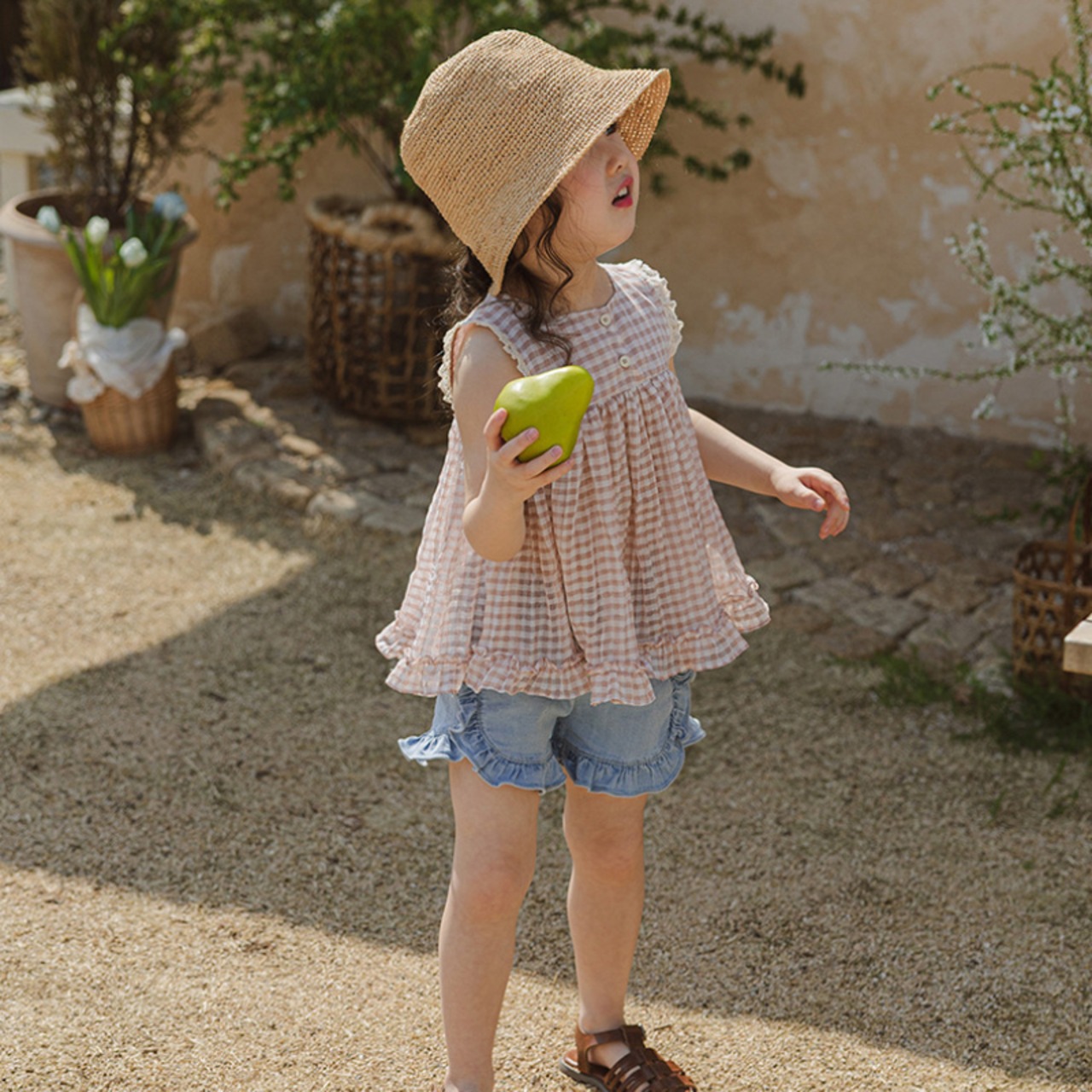 夏チェック柄ノースリーブブラウス