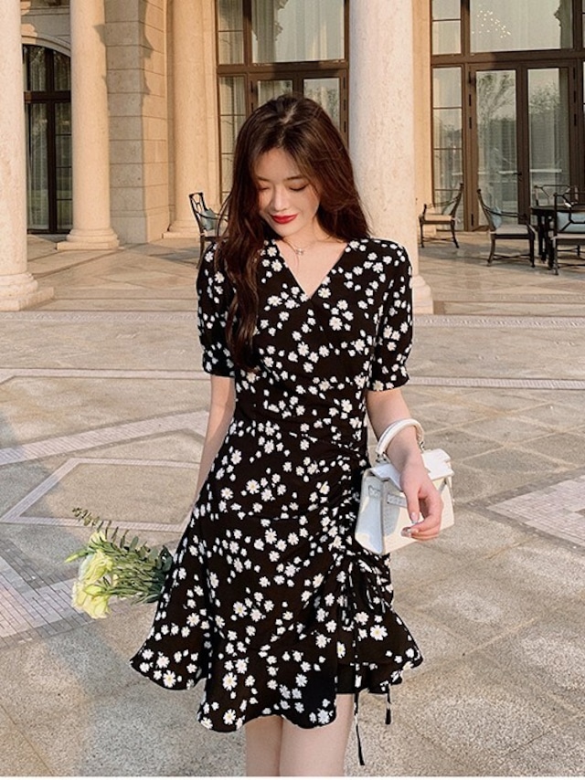 フラワープリントフレアミニワンピース V4634