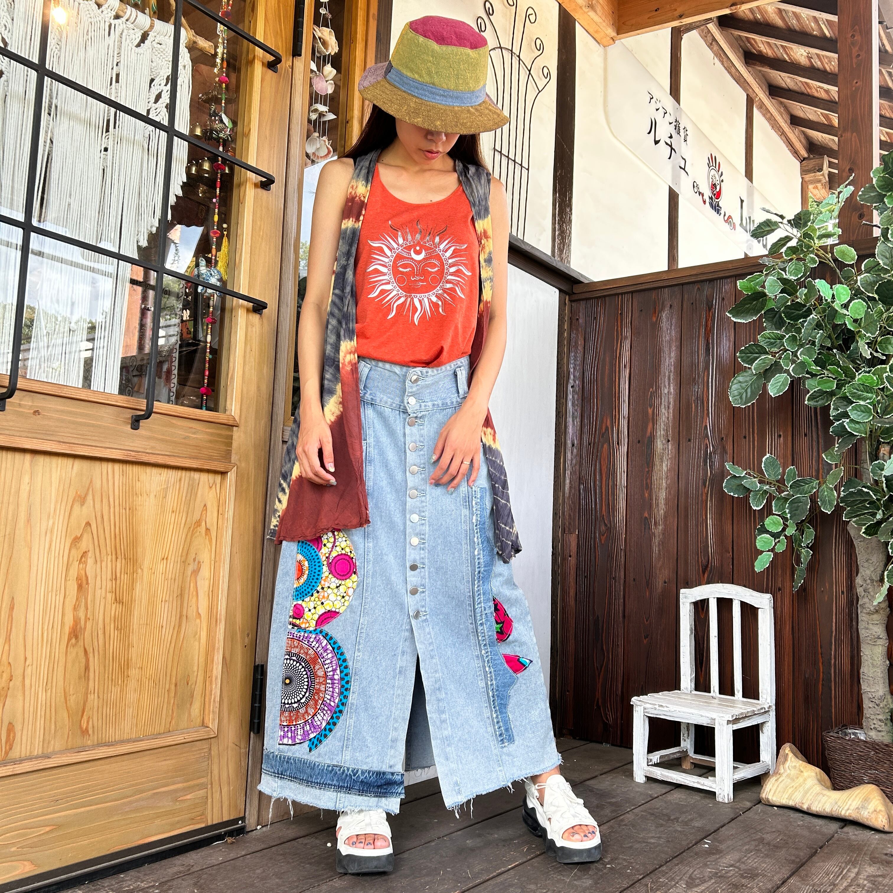 アフリカンボタンリメイクデニムスカート | アジアン雑貨ルチュ