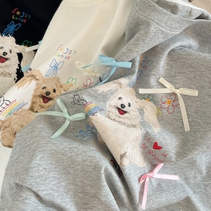 夏犬柄リボン付きTシャツ