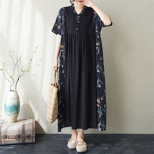FLORAL PRINT CONTRAST SHORT SLEEVE MIDI DRESS M-17869