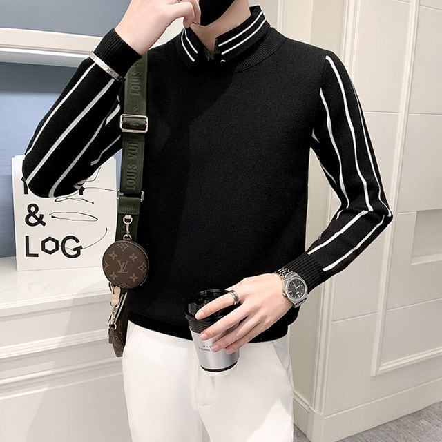 予約販売】ニット セーター メンズ ストライプ柄 襟付き 重ね着風