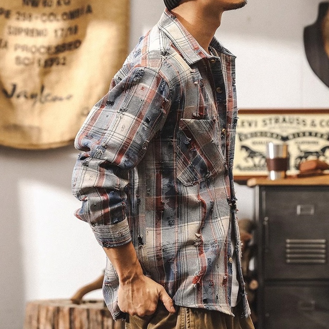 Check Pattern Damaged Button-Down Shirt ◇2color H0516