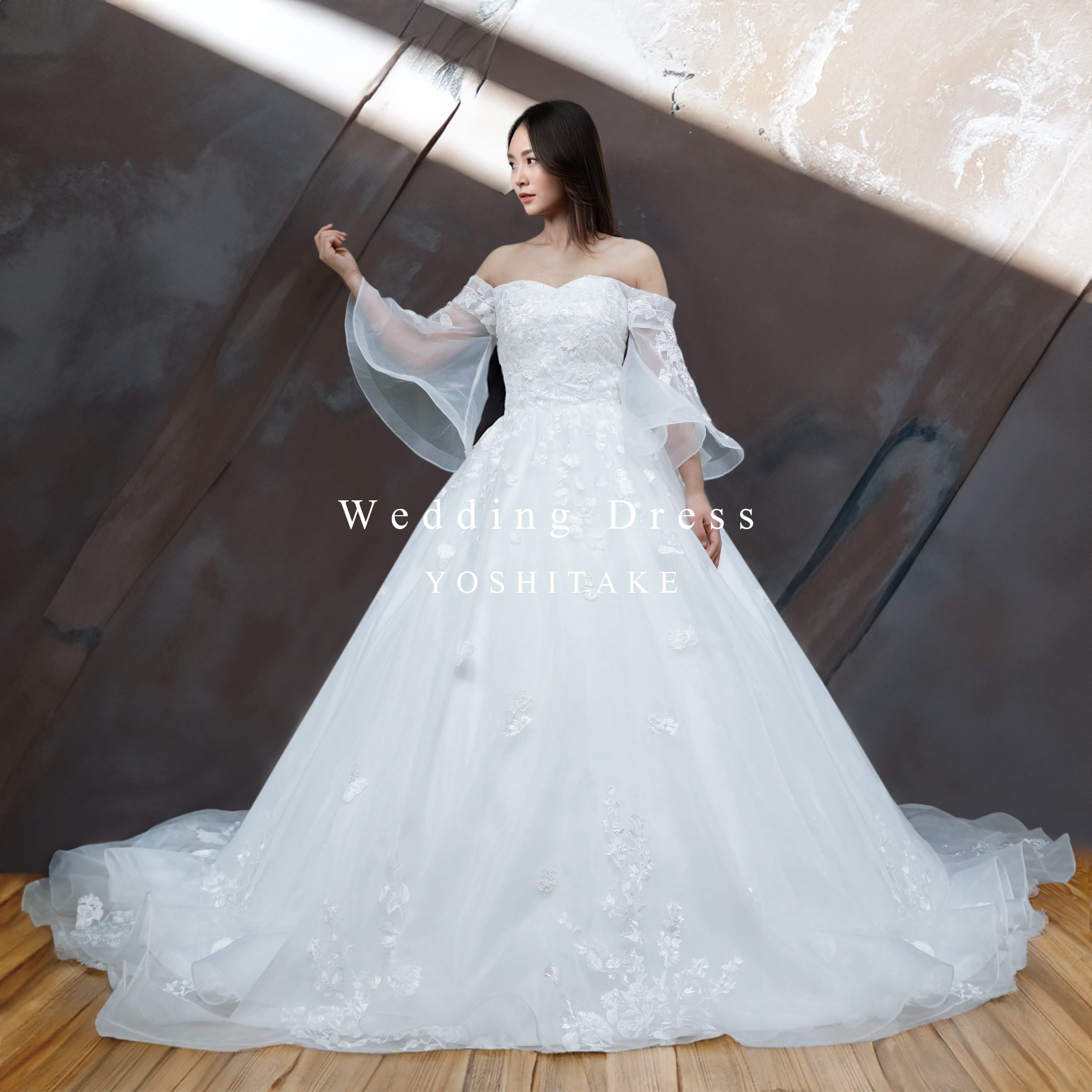 【オーダー制作】ウエディングドレス(無料パニエ) ウエディングドレス.白.プリンセスライン.ベルスリーブ.オフショル ※制作期間4週間から8週間 Y1160