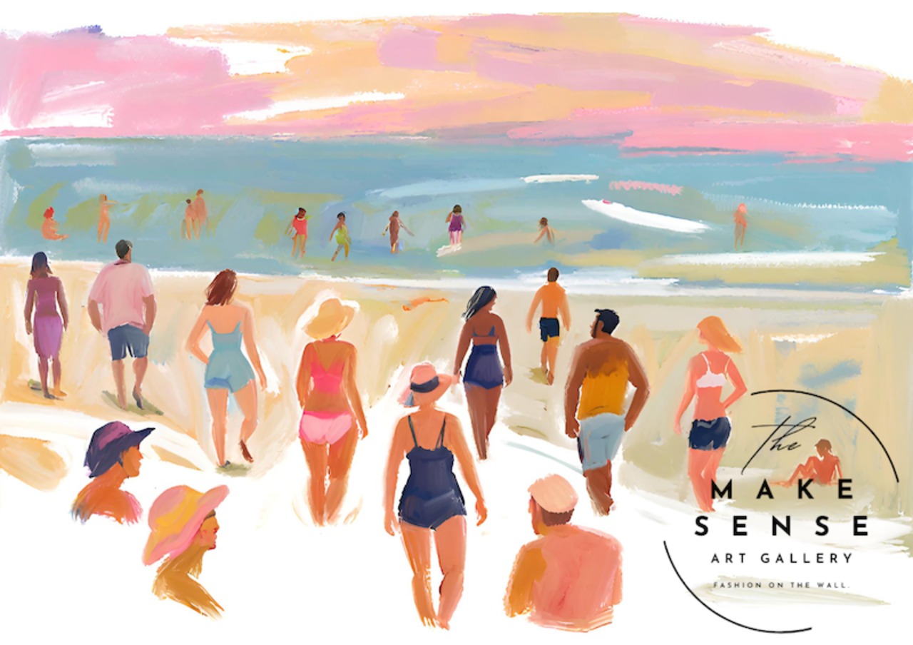 beach before evening｜夕暮れビーチを描くドローイングアート｜優しいピンクの空が映える癒しのインテリアポスター｜A4ポスター