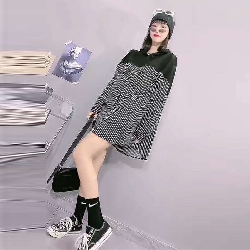 2020プラスサイズレディースストライプフード付き長袖トップファットシスターmmルーズスリムミッドレングスコート ミックスインファッション53816767065