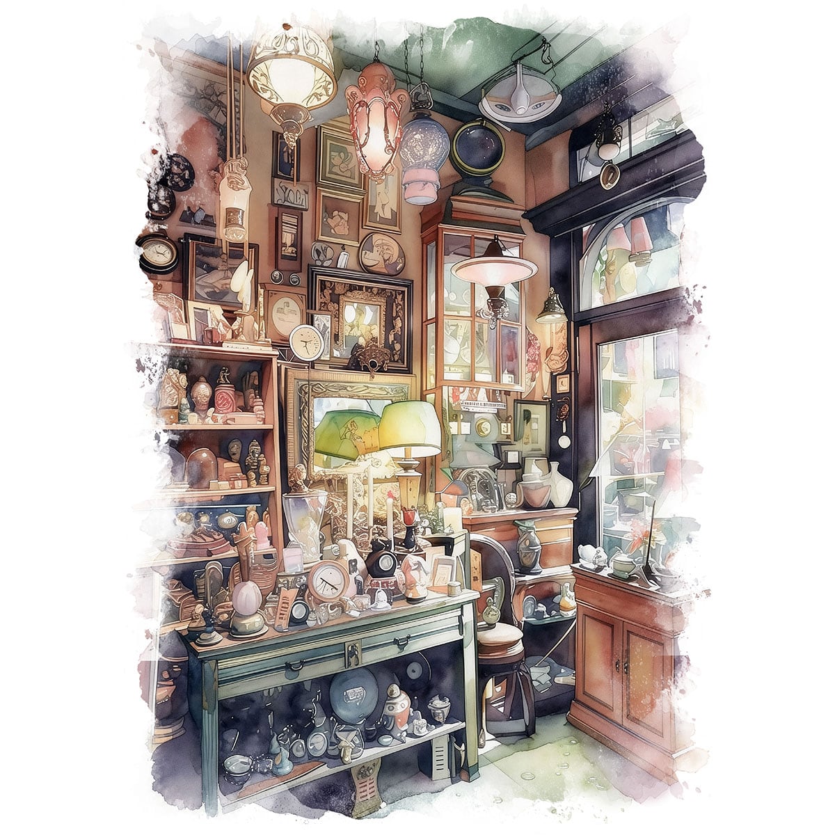絵画 街の風景画 とある街の雑貨屋 インテリアアート額付き 水彩画