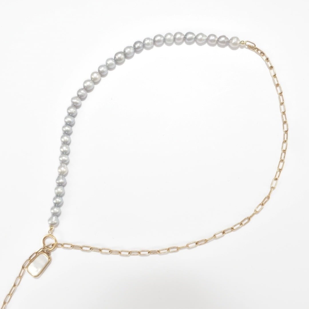 【衣】coscos グレーパールチェーンロングネックレス