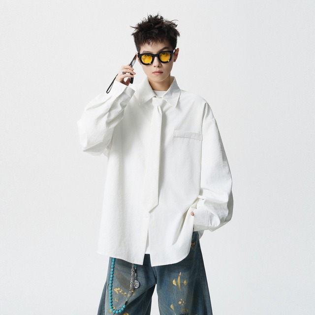 ♥ネクタイがアクセントの春シャツ、新登場!【CEXUシリーズ】★シャツ★ 4color ネクタイ付き トップス 男女兼用 メンズ シンプル 無地