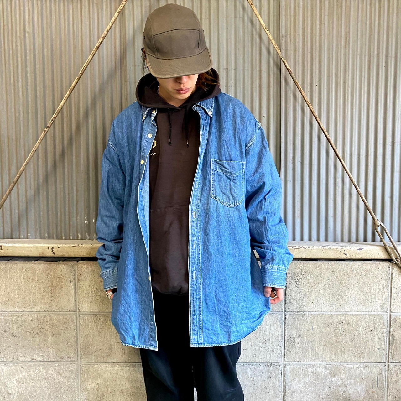90年代 巨人タグ J CREW Jクルー 長袖 デニムシャツ メンズXL 古着 