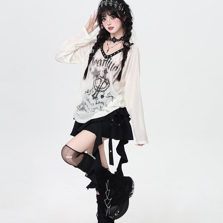 地雷系 VネックTシャツ 長袖×ダーク Y2K向け｜WithU | ゴスロリ通販