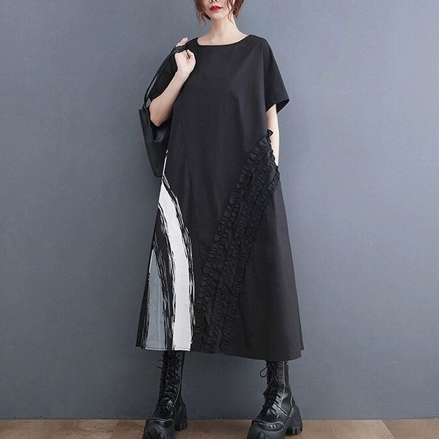 BOAT NECK HALF SLEEVES A-LINE MIDI PULLOVER DRESS 1color M-14108