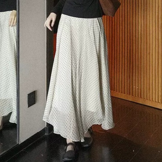 High waist elegant mesh stitch polka dot long skirt