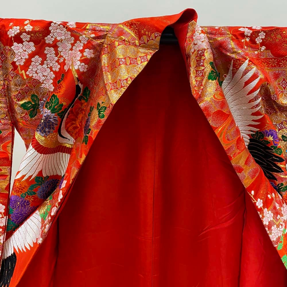 色打掛 正絹 鶴 刺繍 赤 金 打掛 花嫁衣裳 婚礼 リサイクル 中古