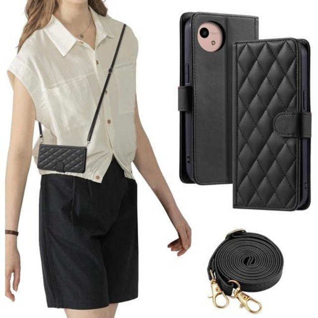 laddutoi FOR AQUOS wish4 ケース 手帳型 AQUOS wish4 SH-52E SH-M27 A402SH カバー 財布型 おしゃれ ストラップ付き スタンド機能 カード収納 軽量 薄型 耐衝撃 高級PUレザー 滑り防止 財布型 内蔵マグネット 開閉式 チェック柄 上質 耐摩擦 マグネット式 肩掛け 斜め掛けーブラック 2684