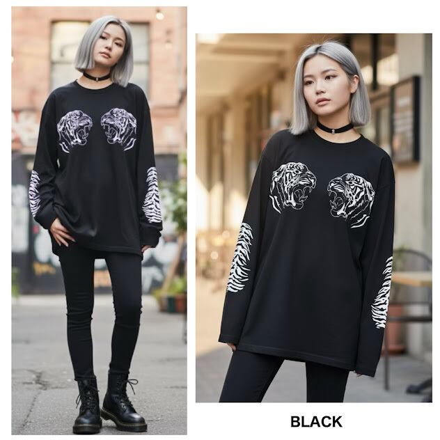 ロングTシャツ タイガー ロンT 黒 虎 サブカル 長T トップス ユニ