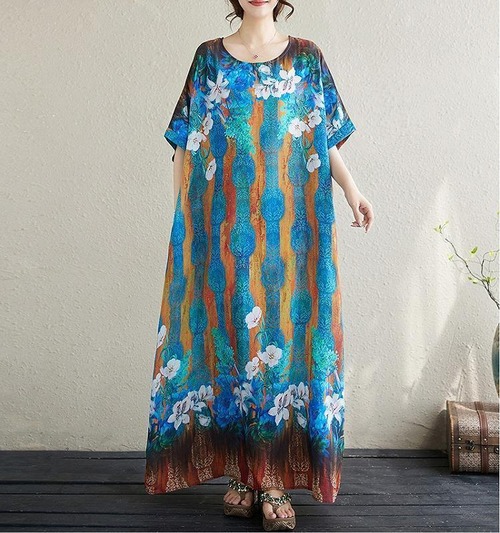 【即日発送】大きいサイズ 新品 花柄 ゆったり夏物ドレス半袖 ワンピース 4L