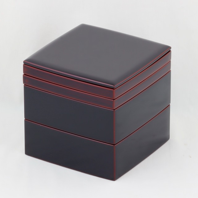 2168 輪島塗　小重二段／隅立胴張形／取皿付／溜塗／無地