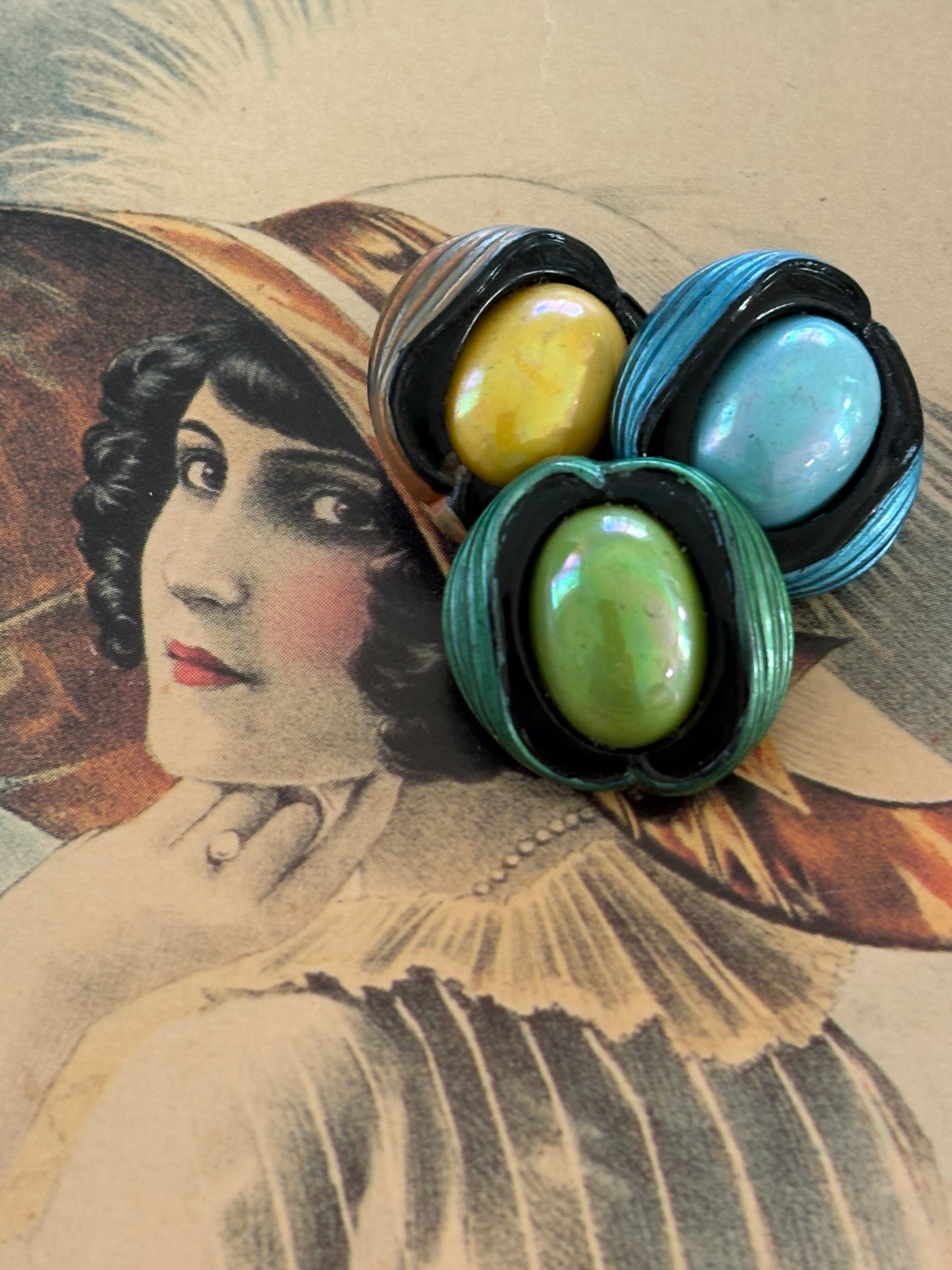 Japanese Vintage ヴィンテージボタン カボション ライトブルー/イエローグリーン/イエロー レトロボタン アクセサリーパーツ 装飾材