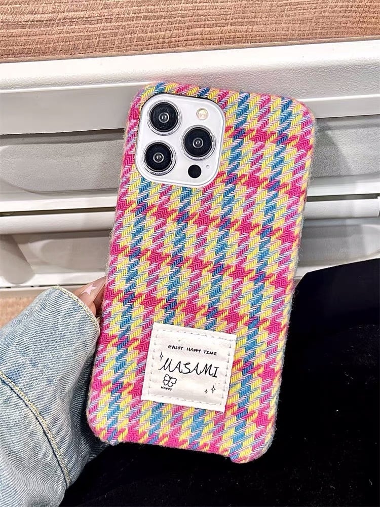 iPhoneケース iPhone15 iPhone14 ツイード チェック もこもこ 秋冬
