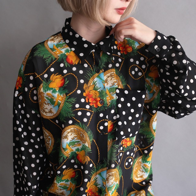 dot and botanical art pattern loose see-through shirt