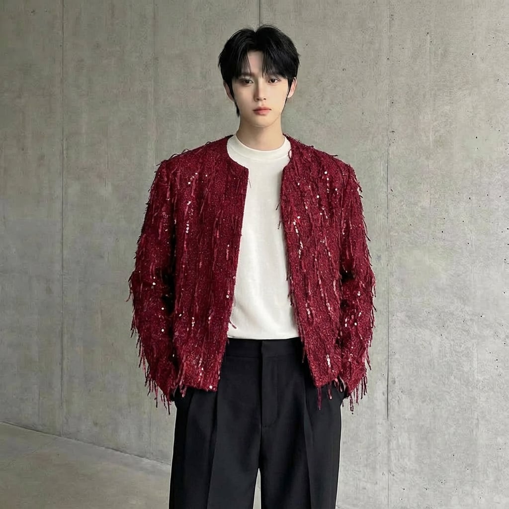 スパンコールフリンジ ノーカラーショートジャケット 2カラー D11975