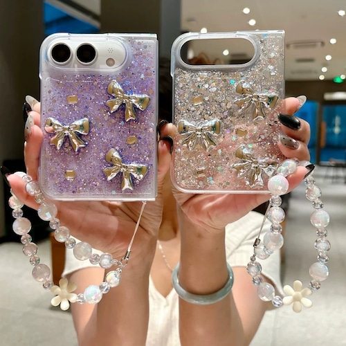 iPhone Duoケース アイフォンデュオ 折りたたみ 専用ケース グリッター ラメ入り キラキラ クイックサンド リボンチャーム 立体 メタリック iPhone Duoカバー ビーズブレスレット ストラップ付き フラワービーズ 上品 韓国 かわいい 大人可愛い