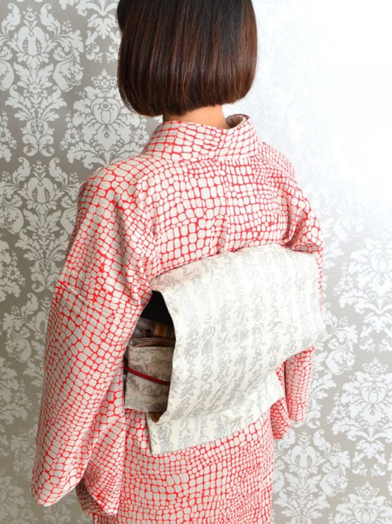 【受注商品】Rumi Rockきもの「クロコモン」ポピーシード ベージュ紅　[A537]