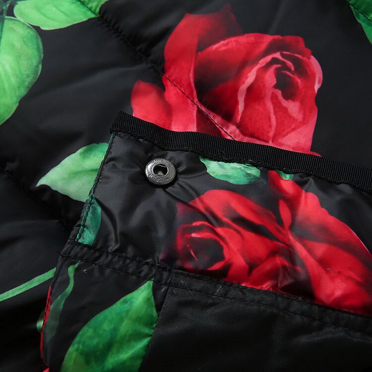 コート 薔薇 ブラック 花柄 ダウン XL ロング フード 赤 黒 アウター