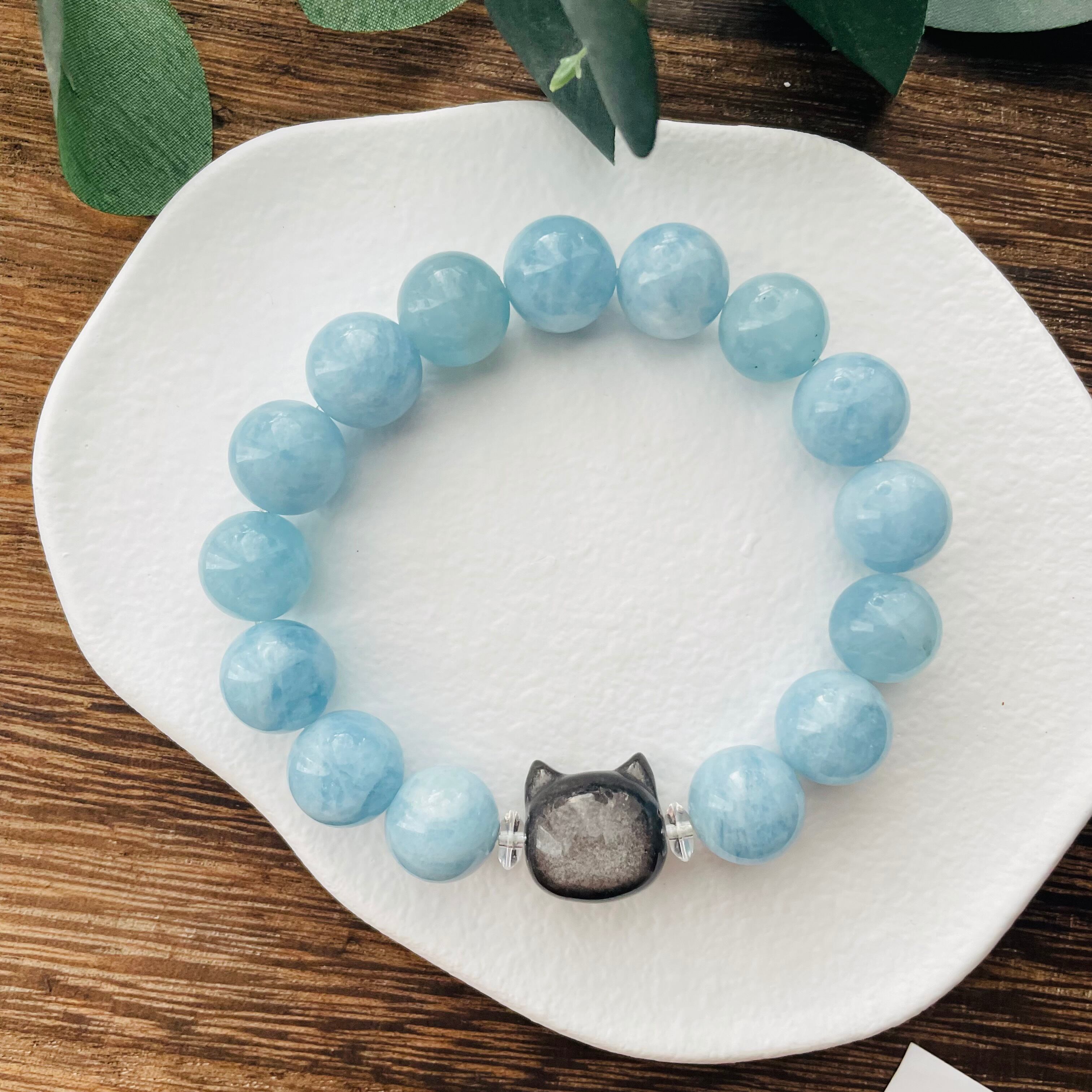 4335-⑭パワーストーン｜ブレスレット｜浄化・癒し｜ 猫雑貨 猫モチーフ 猫グッズ アクセサリー 天然石  3月誕生石 プレゼント ギフト レディース